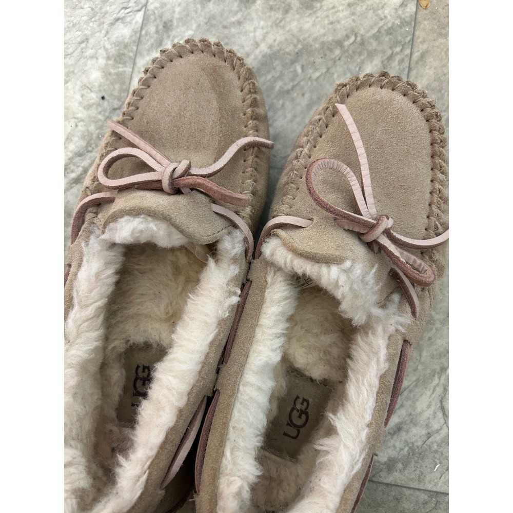 y2k UGG Australia Sheepskin Lined Moccasin Slippers Tan Pink Bow Size 5 - Picture 3 of 8
